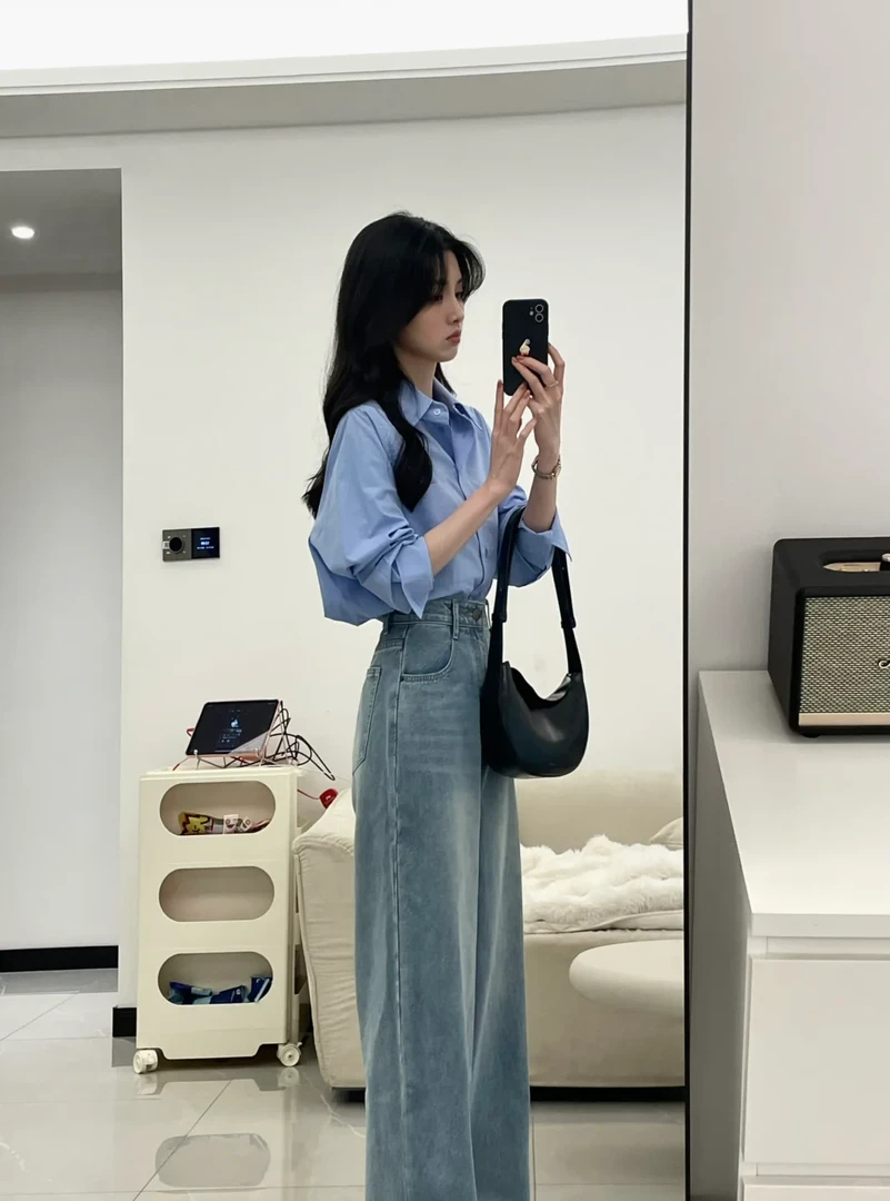 休闲时尚气质干练套装女早秋高级感蓝色衬衫复古牛仔阔腿裤两件套