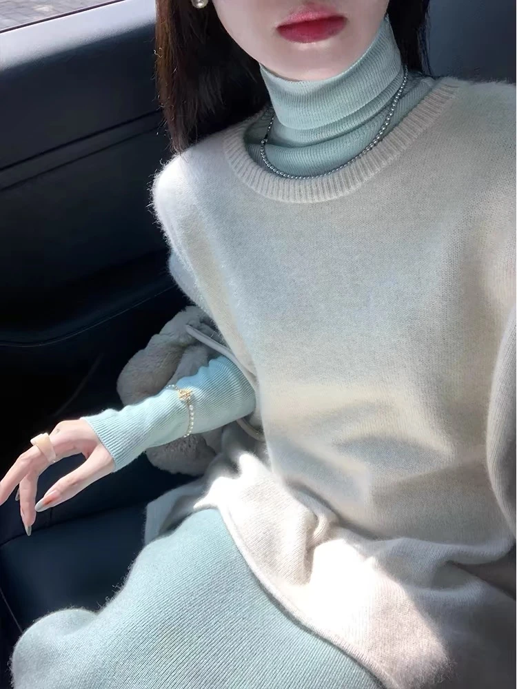 法式时尚温柔风长袖高领连衣裙女2024秋季新款外搭针织背心两件套