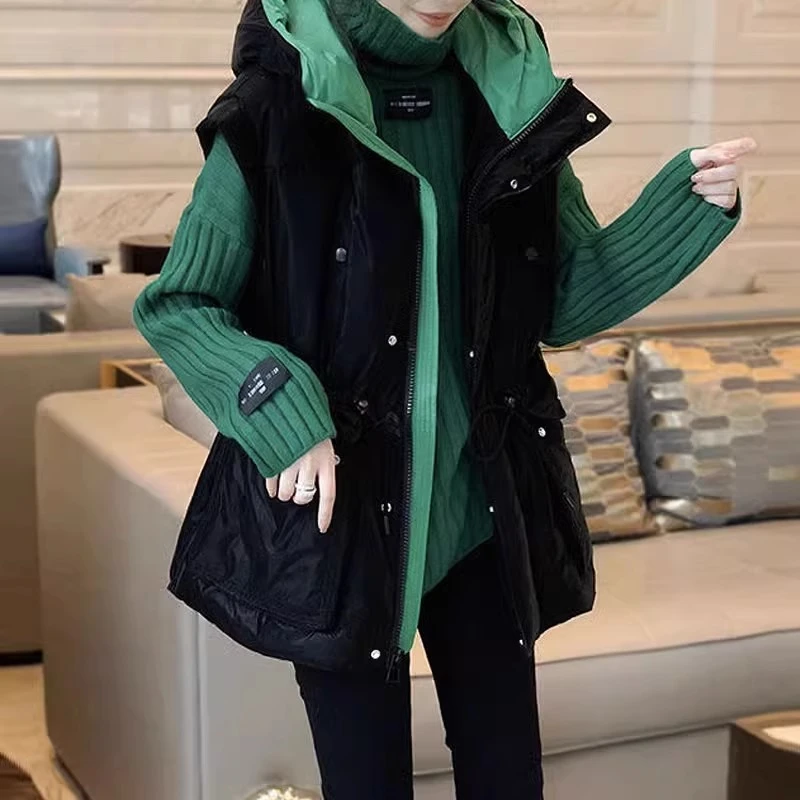 欧洲站秋冬季大码胖mm时尚百搭高领毛衣洋气连帽显瘦棉服马甲女潮
