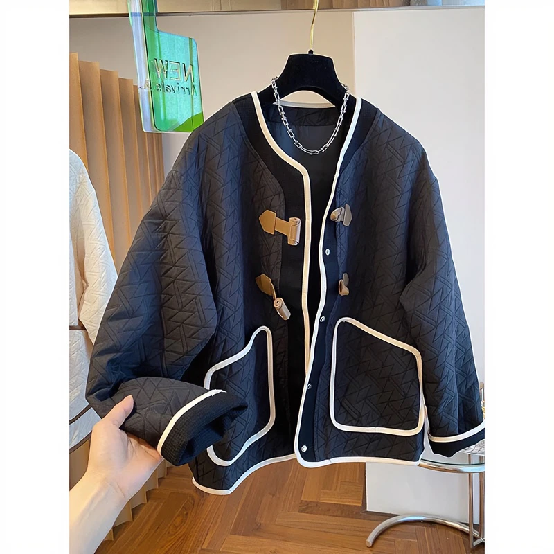 欧货大码胖mm牛角扣菱格外套女春季新款小个子洋气质显瘦夹克上衣