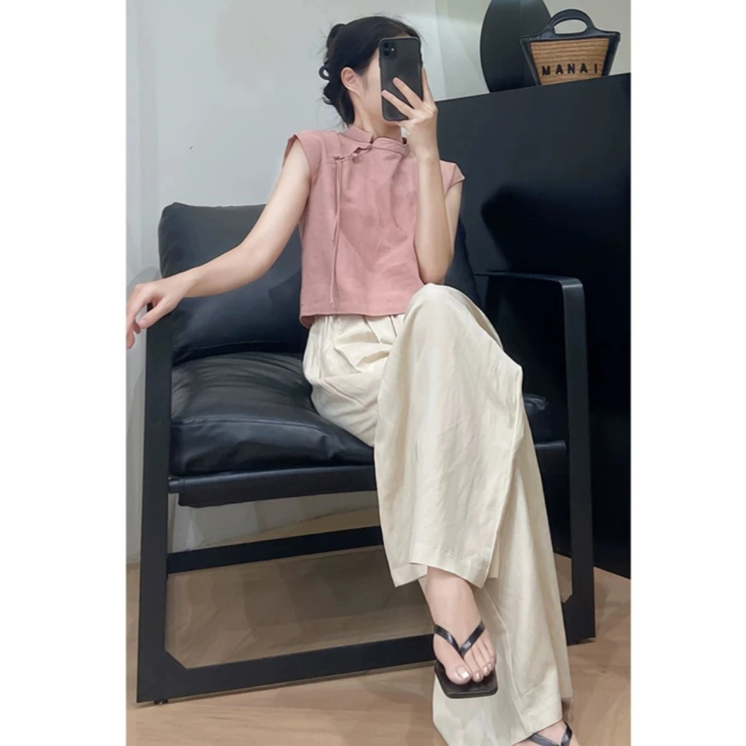 2025夏季新款改良汉服新中式无袖上衣复古国风阔腿裤显瘦两件套女
