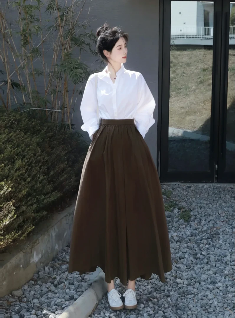 2024早秋新款立领宽松小众设计长袖衬衫美拉德色系高腰A字半身裙