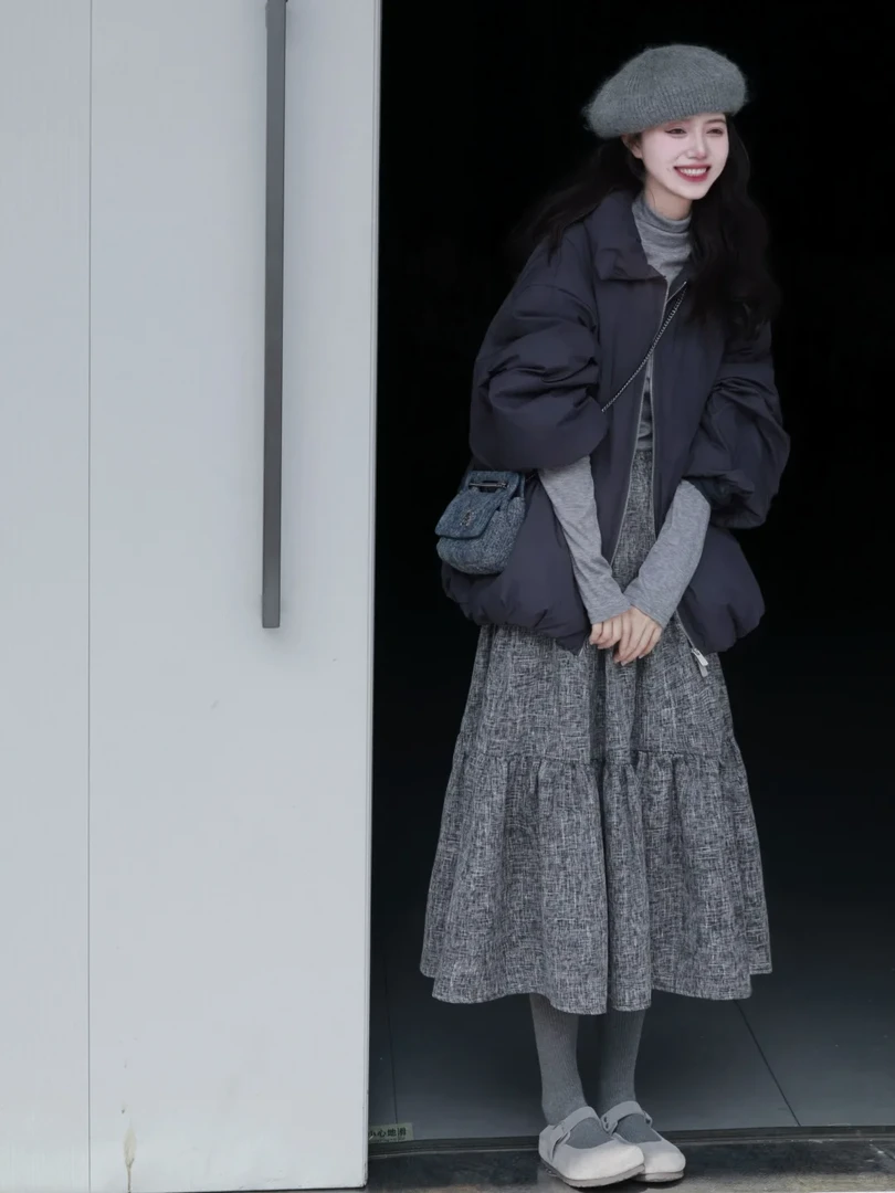 2025秋冬新款韩系穿搭一整套设计感翻领棉服外套搭配半身裙两件套