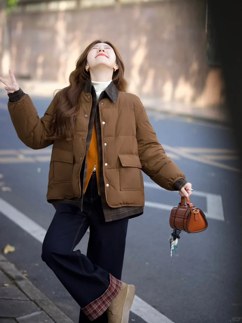 2025冬新款法式复古衬衫假两件保暖棉服针织开衫搭配牛仔裤三件套