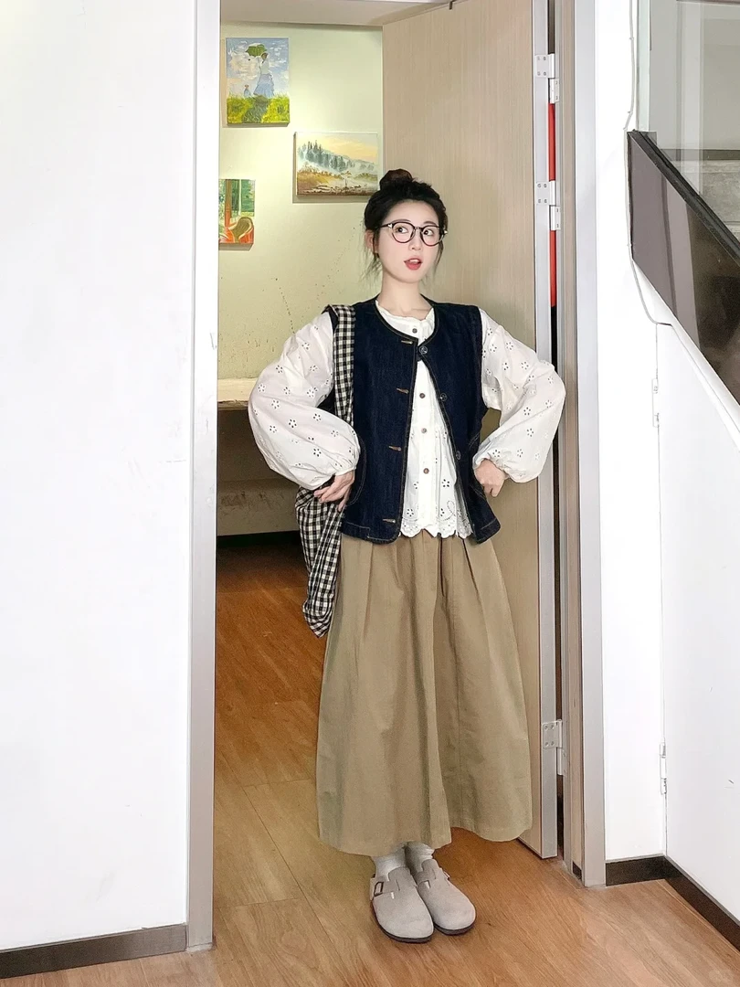 春季搭配三件套女2025新款重工刺绣衬衫牛仔马甲半身裙洋气套装女