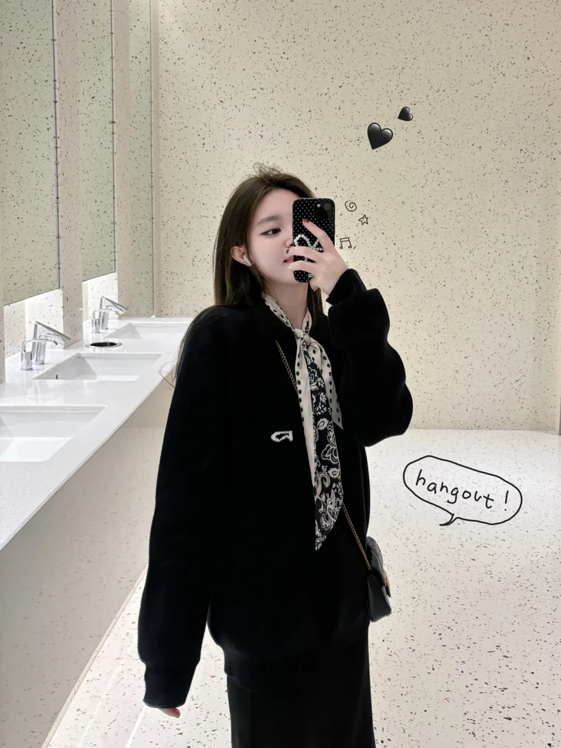 2024秋冬韩系穿搭一整套女黑色V领毛衣上衣搭配半身裙两件套装女