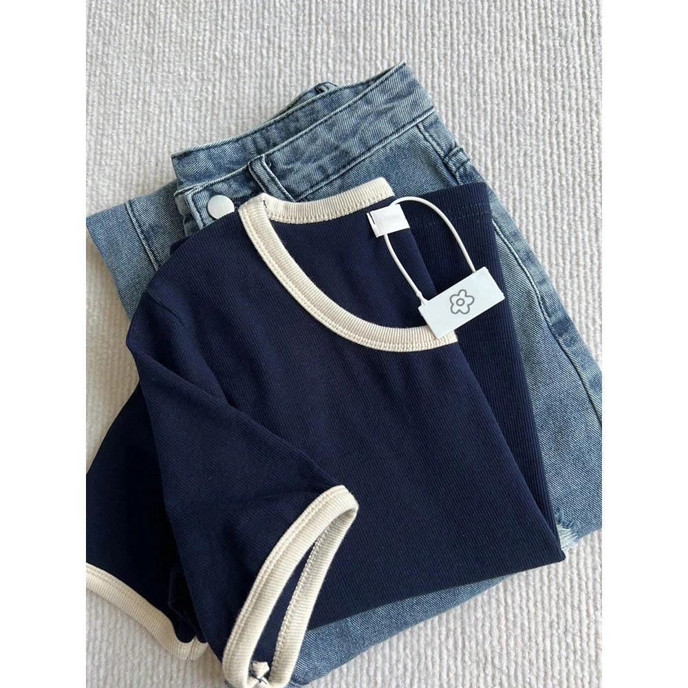 大码女装时尚宽松显瘦U领短袖女夏季新款胖mm百搭休闲T恤撞色上衣