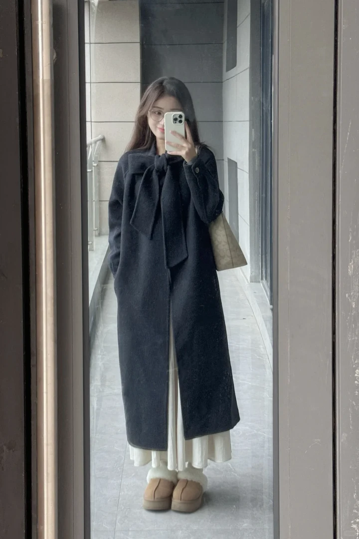 蝴蝶结呢子大衣女2025秋冬新款韩系通勤时尚高级感超好看毛呢外套
