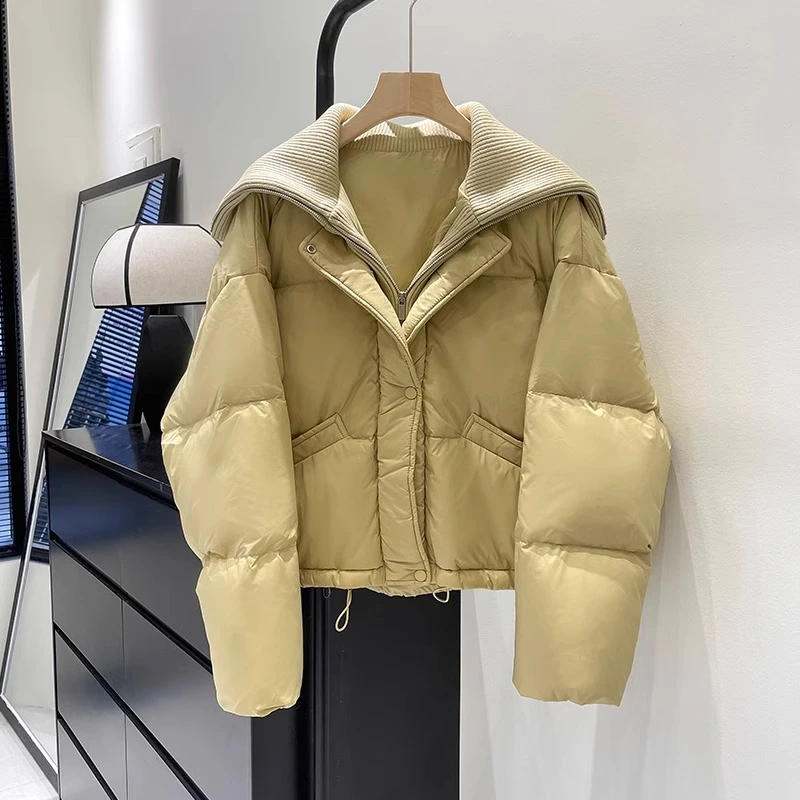 胖妹妹针织拼接大翻领棉服女冬时尚显瘦棉衣小个子短款面包服外套