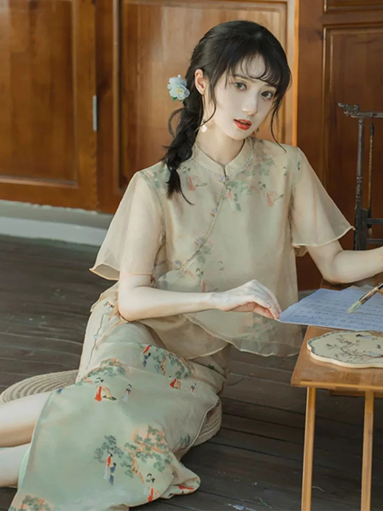 新中式套装女夏季新款大码复古中国风气质雪纺衫显瘦半身裙两件套