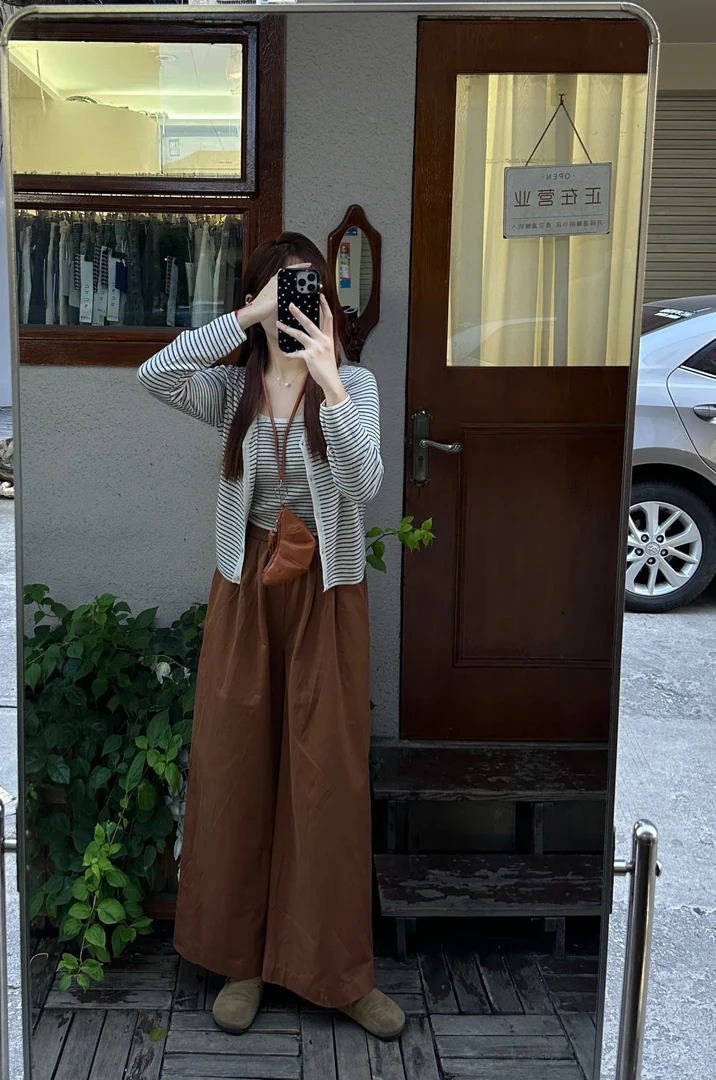 2025春季一整套女慵懒风复古条纹开衫上衣休闲阔腿裤子三件套装女