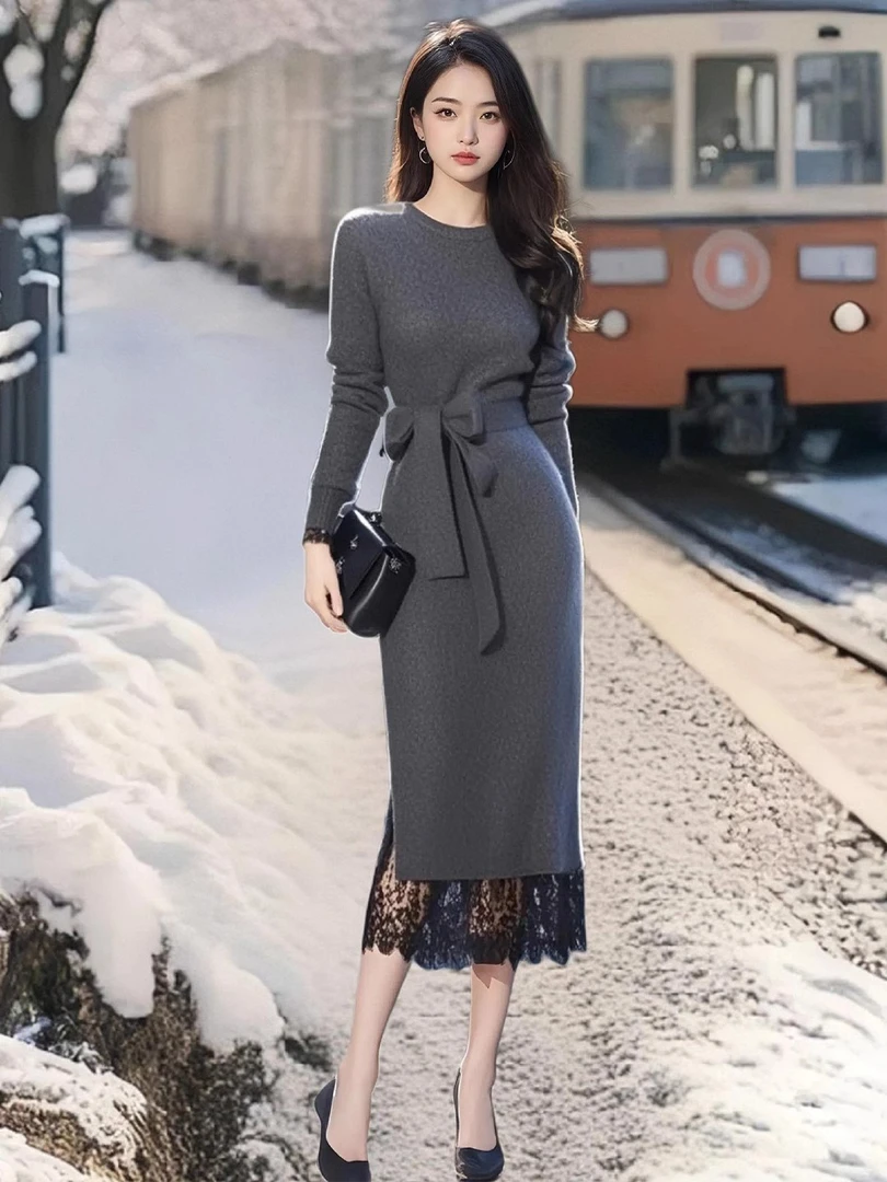 小香风针织连衣裙女冬季大码胖mm收腰气质减龄蕾丝边内搭毛衣裙子