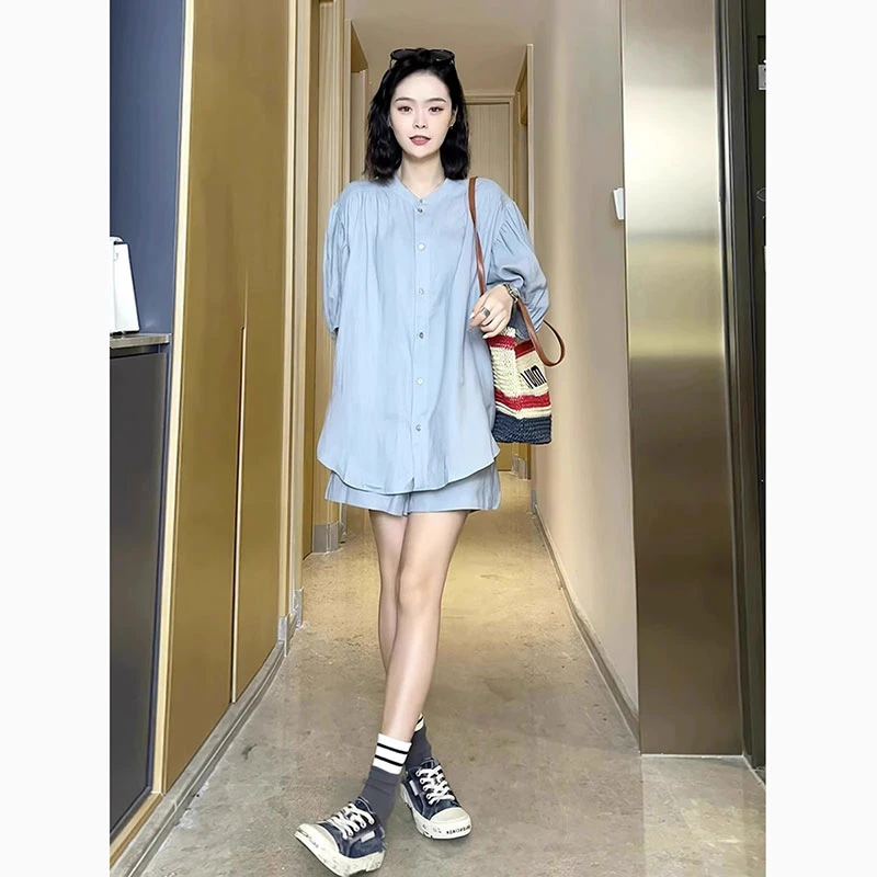 蓝色泡泡短袖衬衫套装女夏季新款大码胖mm时尚盐系穿搭短裤两件套