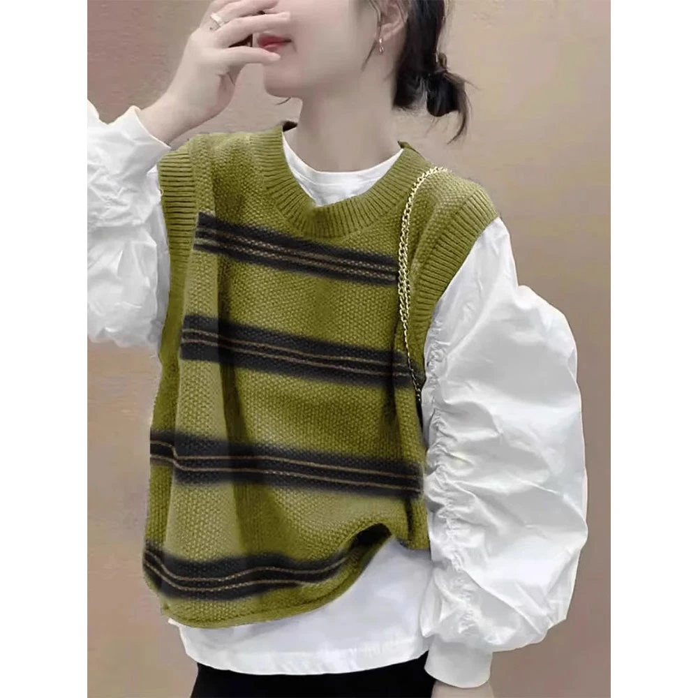 秋季新款大码胖mm洋气藏肉显瘦衬衫韩版休闲百搭针织马甲两件套装