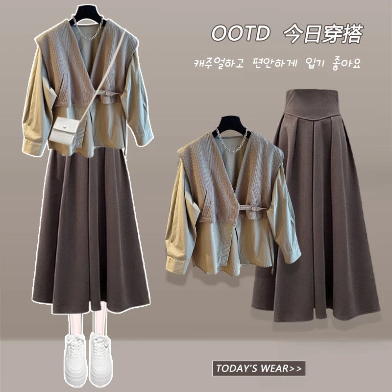 大码女装2024春季新款胖妹妹法式复古假两件衬衫气质显瘦半身裙女