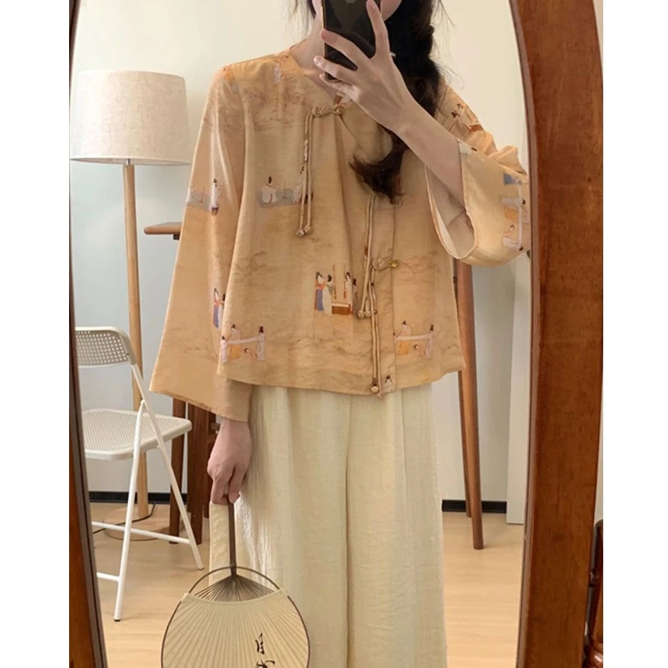 大码女装夏季新款新中式汉元素国风盘扣上衣女胖mm休闲显瘦阔腿裤