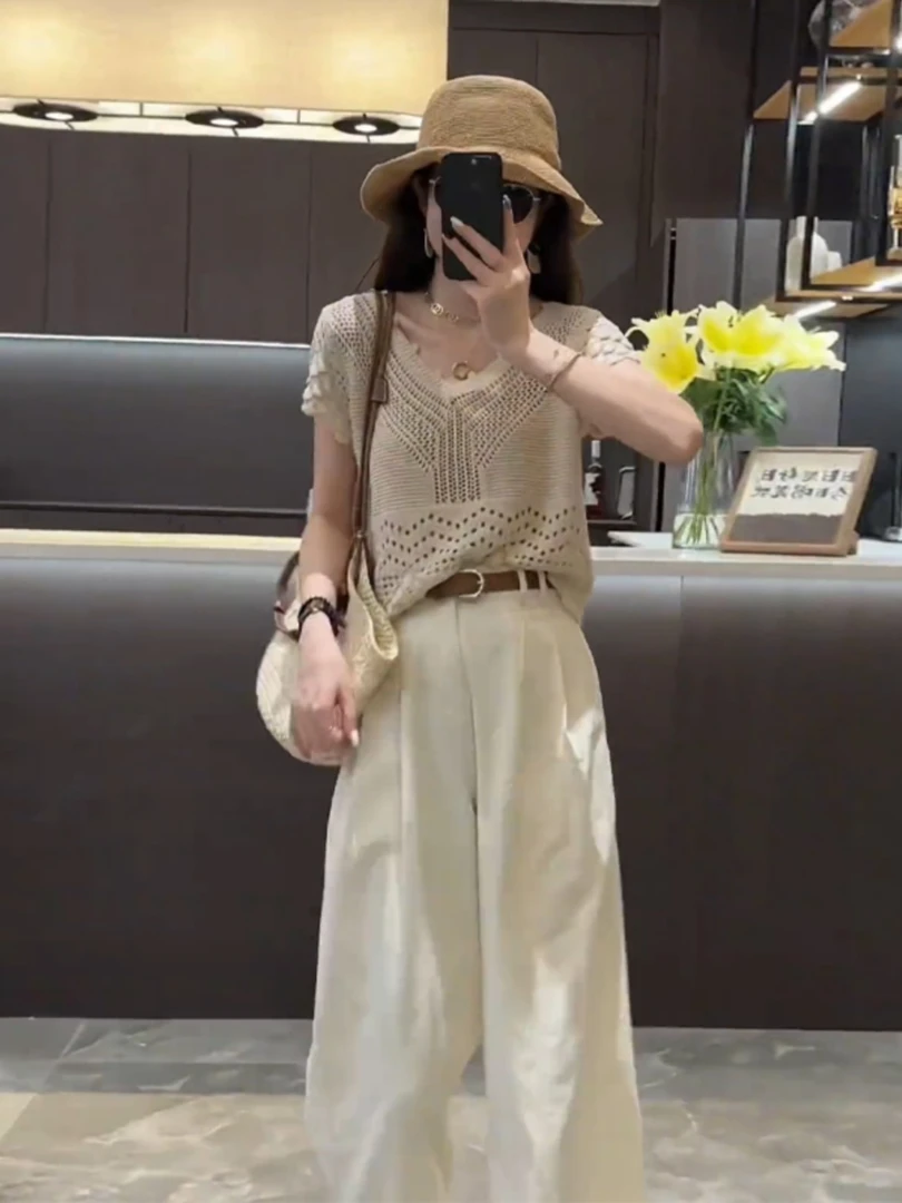 2024夏季新款复古设计感镂空短袖针织上衣高腰显瘦阔腿九分裤子女