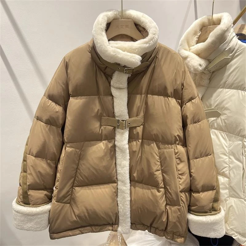 大码女装韩版拼接羊羔绒棉服女冬胖mm设计感皮扣保暖加厚棉衣外套