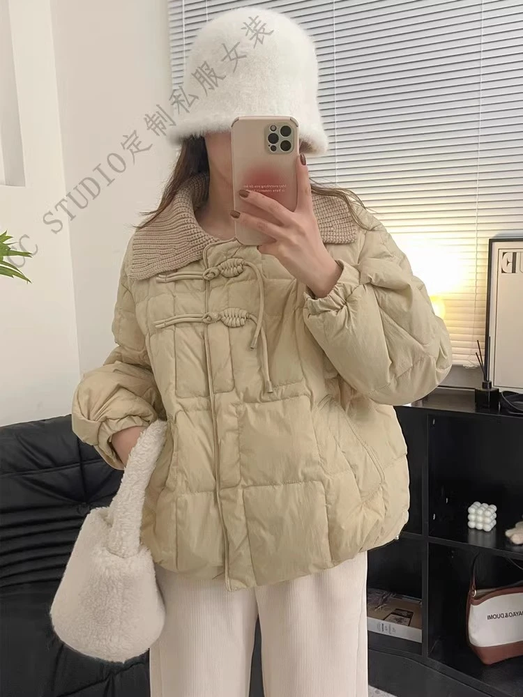 针织翻领轻薄棉服女短款小个子2023冬季新款中式国风盘扣棉袄外套