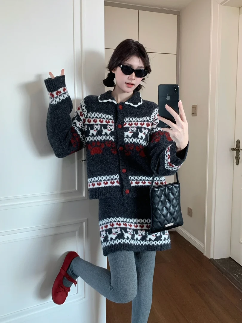 高级慵懒美式复古翻领费尔岛毛衣针织半身短裙减龄漂亮洋气套装裙