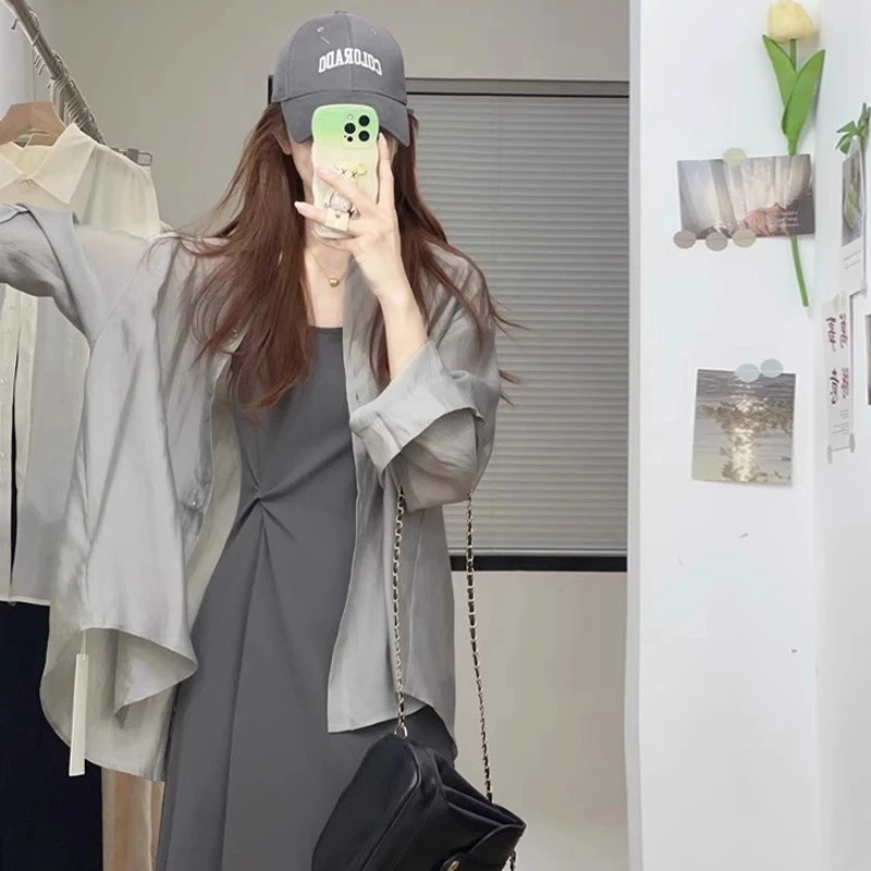 衬衫吊带连衣裙两件套女2025爆款休闲气质衬衣今年流行漂亮套装裙