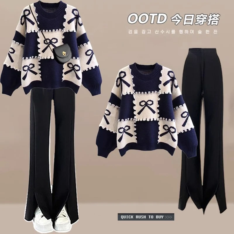 茶系穿搭秋冬小香风套装女胖mm时尚藏肉显瘦毛衣休闲微喇裤两件套