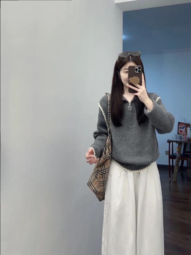 2024秋冬新款设计感小众半拉链高领针织毛衣女高腰休闲裤两件套潮