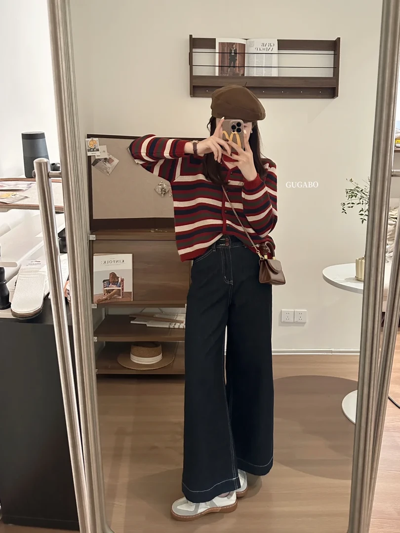 2024秋冬一整套女韩系穿搭复古红色条纹针织上衣搭配牛仔裤两件套