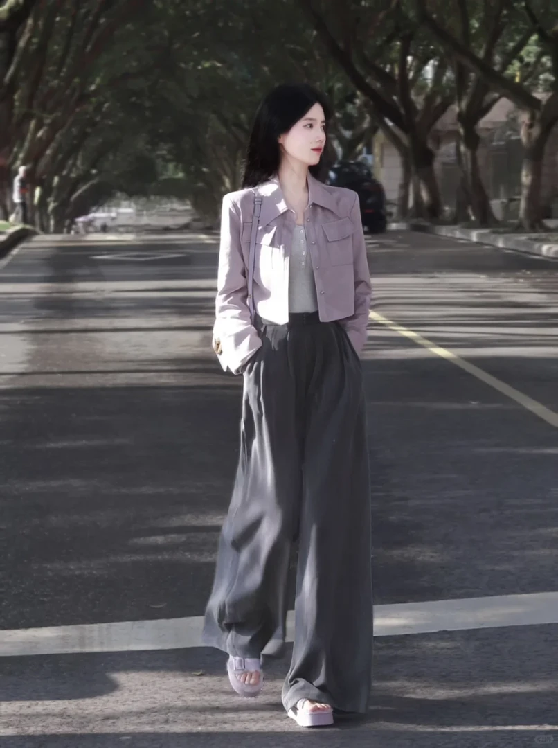 2025春季新款茶系一整套紫色开衫上衣女洋气百搭显瘦灰色阔腿裤女