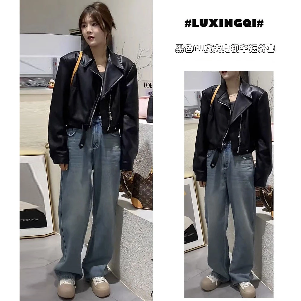 大码女装黑色PU机车皮衣外套女春季小个子短款皮夹克胖mm炸街上衣