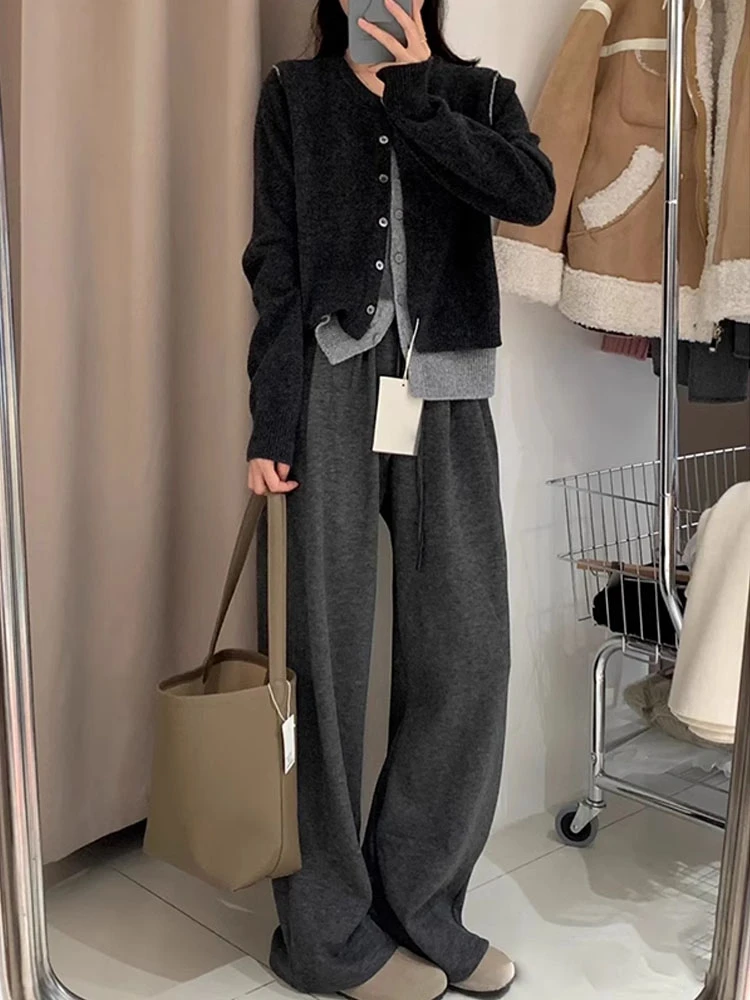 2025秋季一整套女茶系慵懒风假两件针织开衫休闲显瘦阔腿裤两件套
