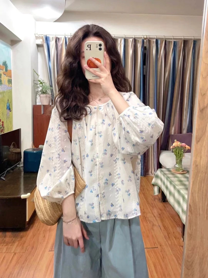 2025夏季新款韩版雪纺圆领碎花泡泡袖娃娃衫上衣女休闲显瘦阔腿裤