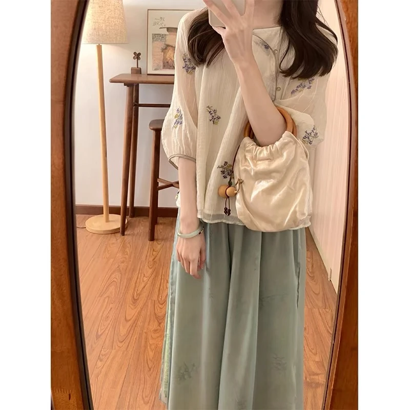 2025夏季新款新中式国风刺绣雪纺衬衫上衣复古显瘦阔腿裤裙两件套