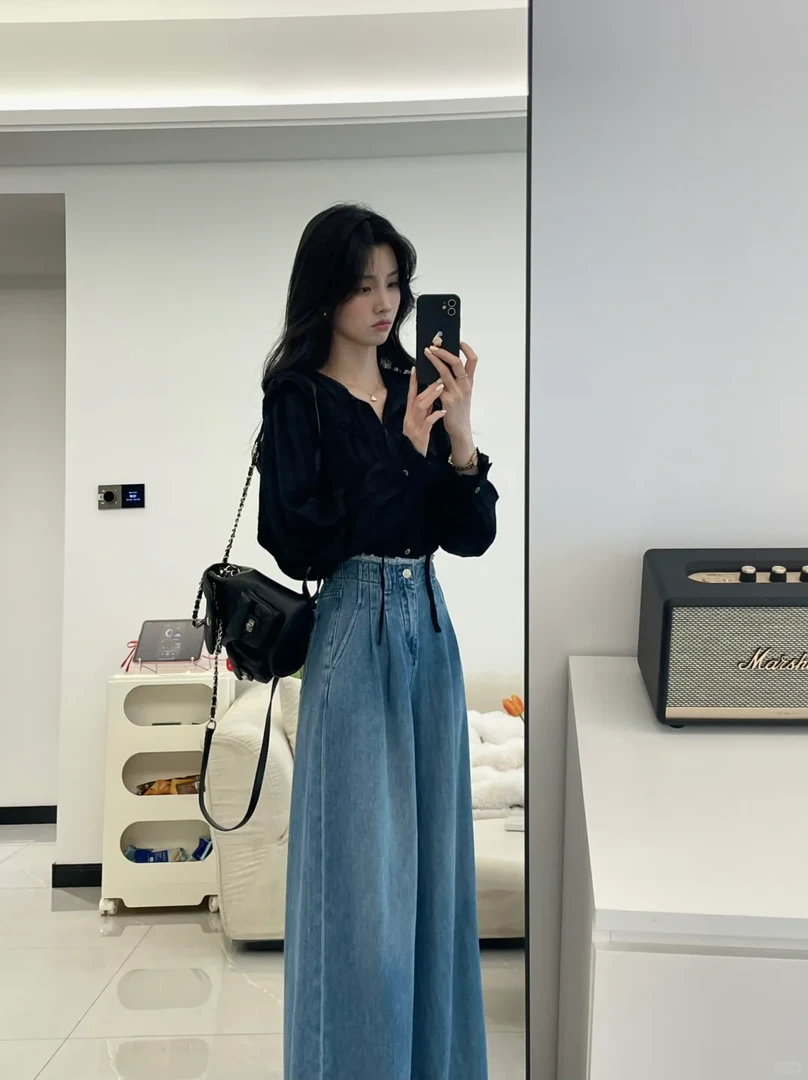 2025早秋新款韩版宽松百搭木耳边复古V领衬衫女显瘦阔腿牛仔裤子