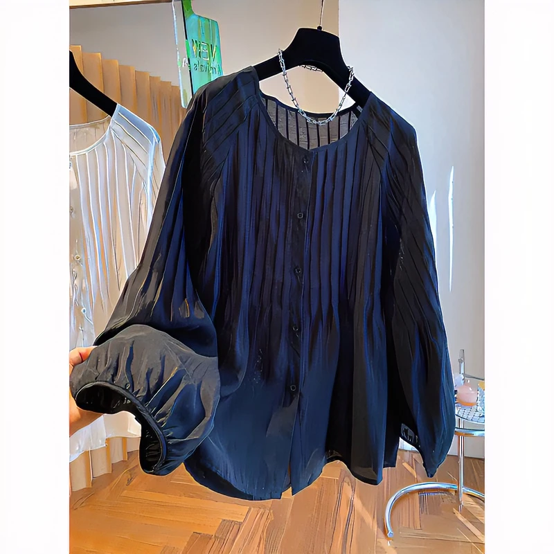 欧洲站大码女装胖mm法式百褶雪纺衬衫女春夏季设计感藏肉显瘦上衣