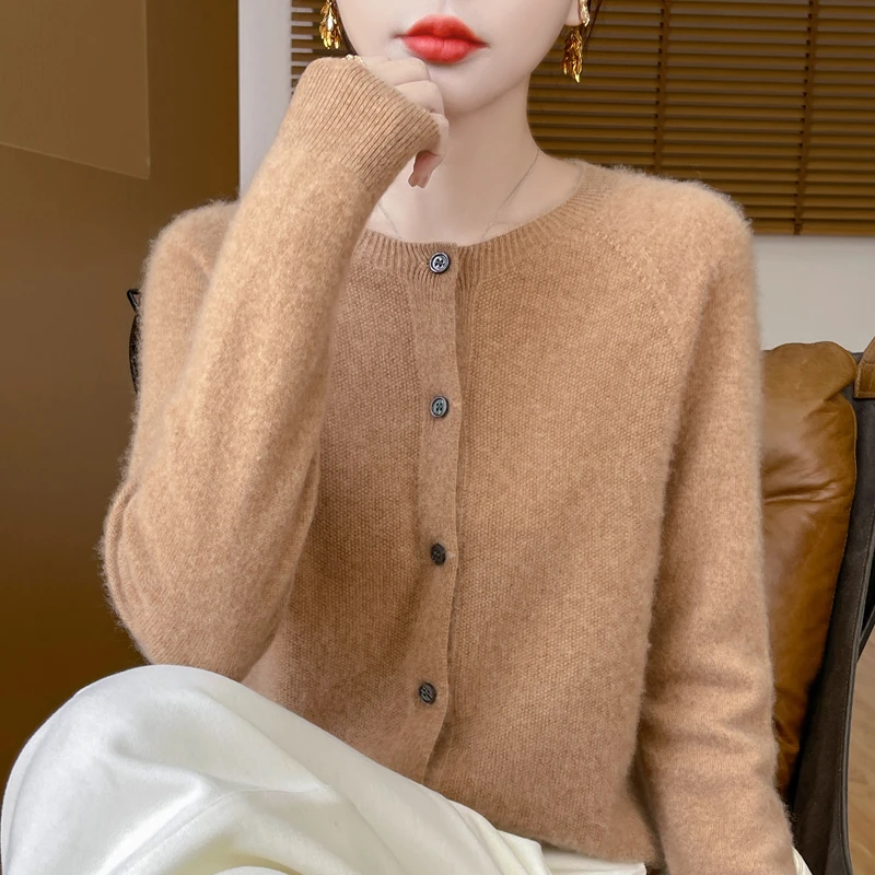 【崔万志工厂】一线成衣100%纯羊毛开衫女圆领纯色打底衫长袖显瘦