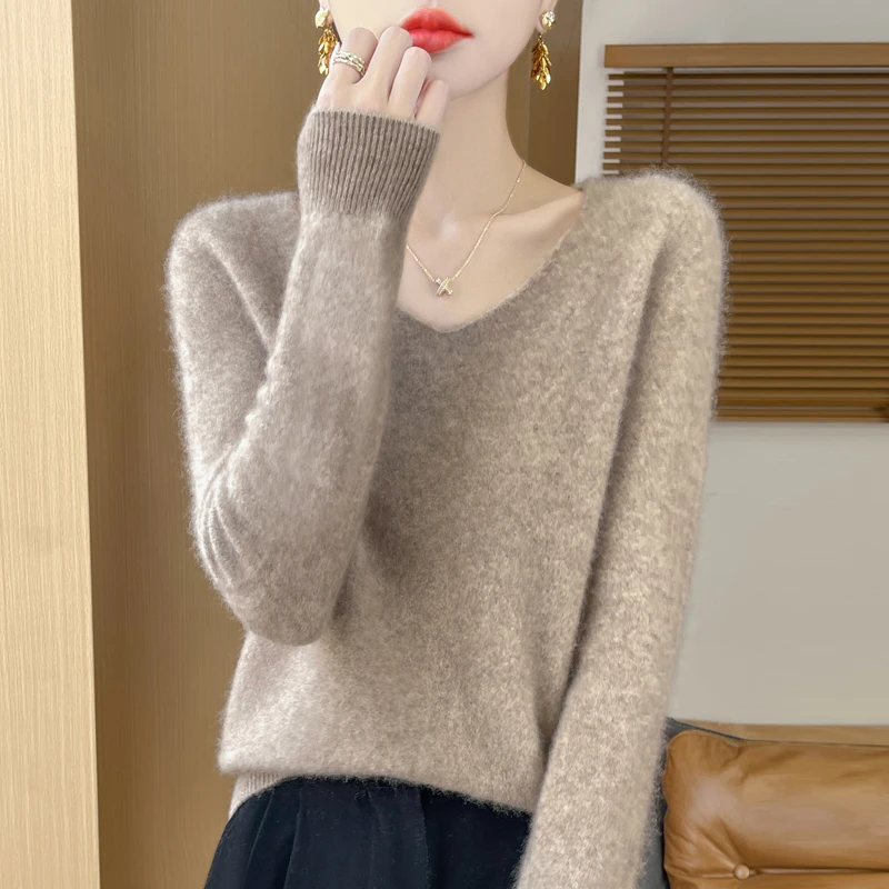 一线成衣V领100%纯羊毛针织衫秋冬纯色长袖百搭打底