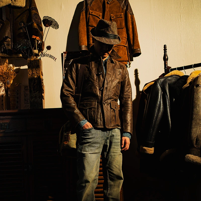 男士头层牛皮翻领做旧款做旧色扣子门襟男士真皮皮衣皮夹克 A517