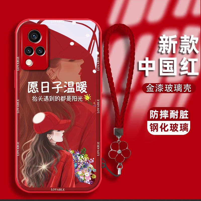 适用vivos9手机壳卷发女孩金漆钢化玻璃壳镜头全包防摔耐脏保护套