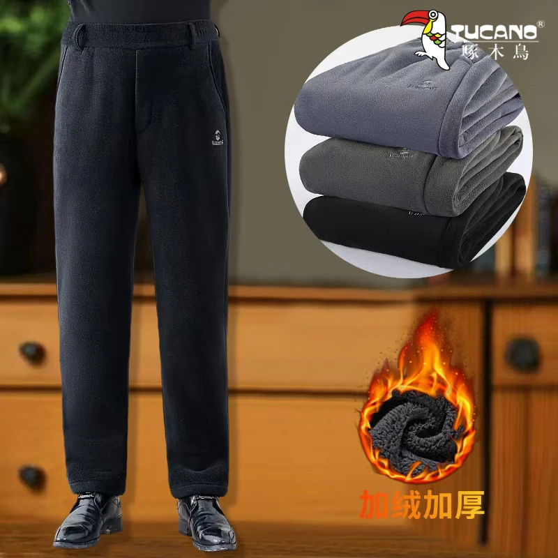 啄木鸟秋冬加绒加厚棉裤男士休闲长裤百搭宽松直筒裤高腰深裆裤子