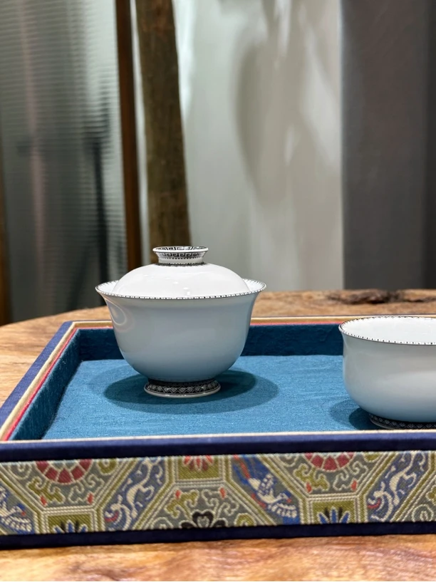 景德镇手工陶瓷手绘边角盖碗茶杯高温中式茶具