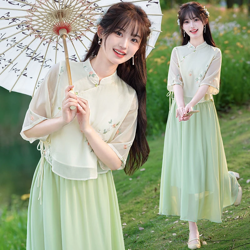 乌镇梦南朝古风两件套少女风中袖系带立领盘扣国风文艺改良半身裙