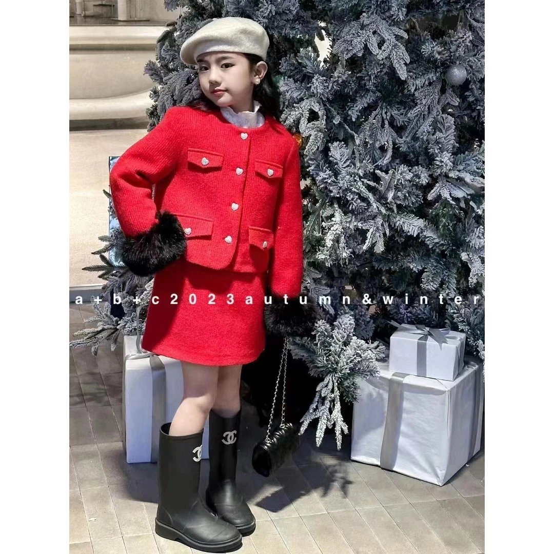 1144女童红色冬装套装新款洋气宽松小西服保暖两件套套装