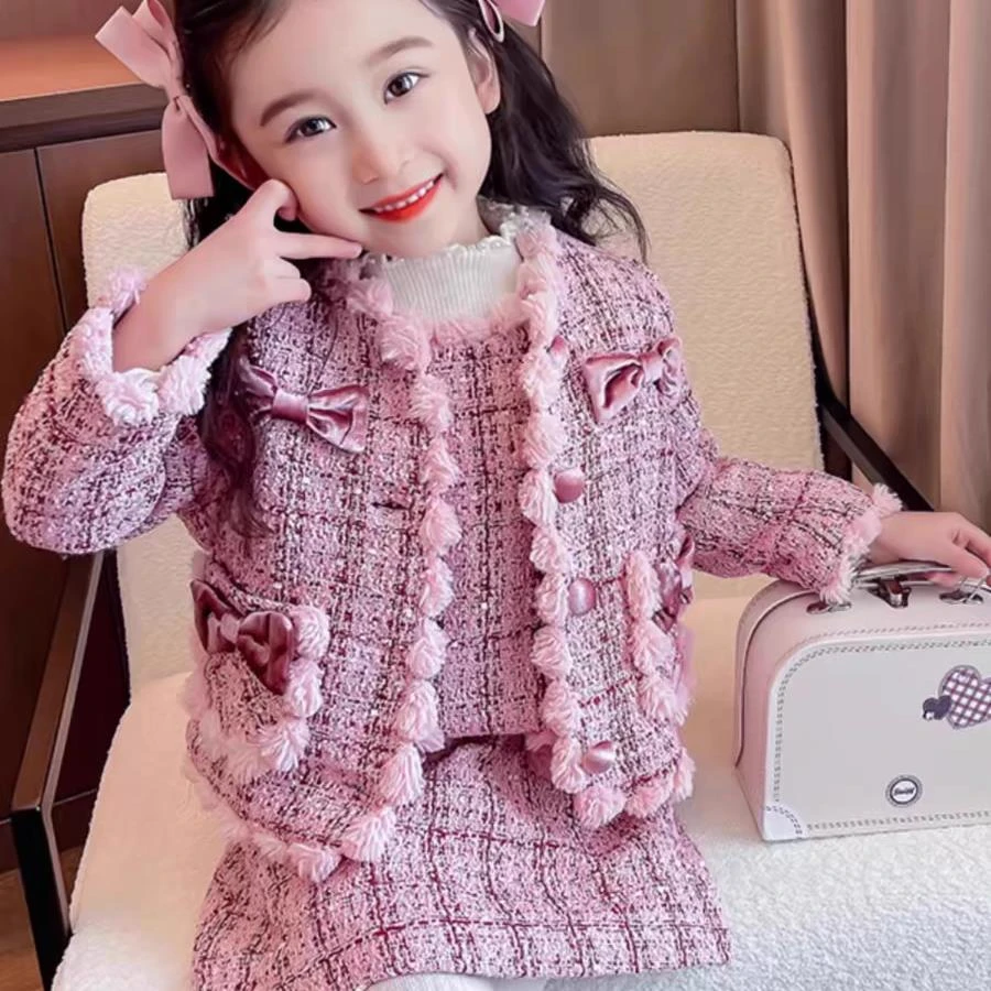 1612女童小香风秋冬季新款儿童洋气短外套宝宝韩版网红童装裙套装