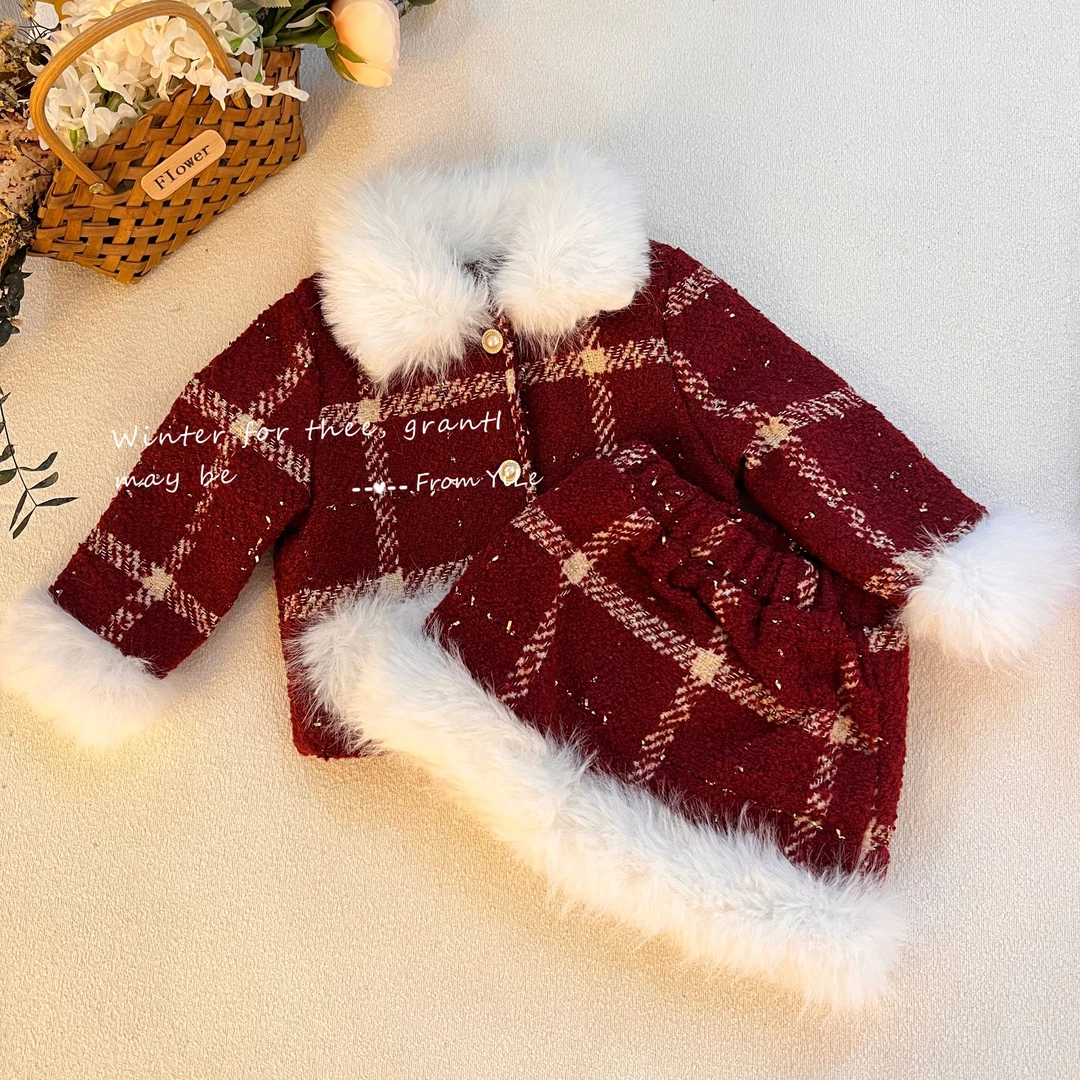 087女童小香风套装秋冬小女孩洋气毛毛领格纹外套红色半身裙