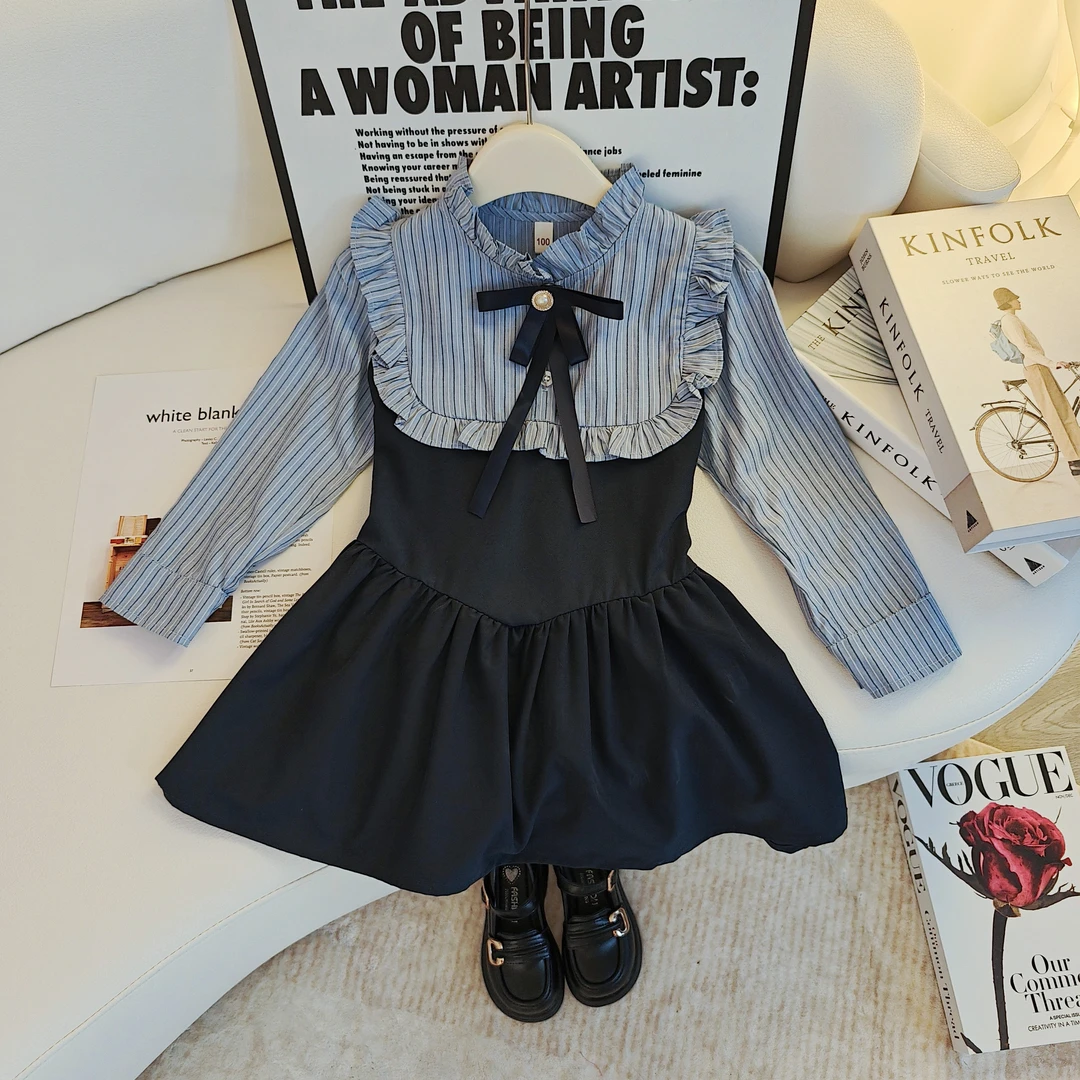 1421童装女童秋季长袖拼接连衣裙新品儿童衬衫假两件蓬蓬裙子