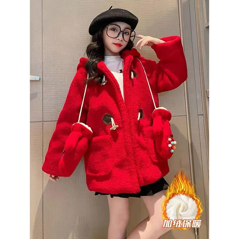 079女童羊羔绒外套秋冬季新款时髦儿童红色圣诞年服加绒大衣洋气