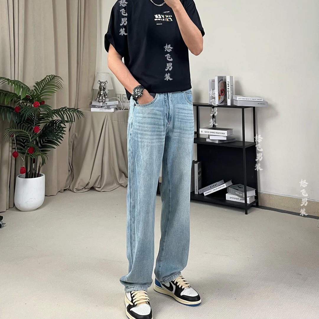 25夏季浅色薄款宽松直筒  蓝色男牛仔裤子复古水洗高街美式牛仔裤