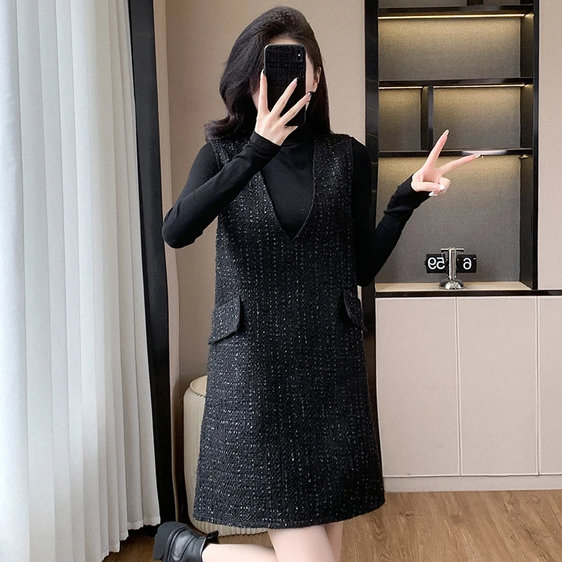 新款小香风背心裙时尚洋气胖女孩宽松显瘦大码女装亮丝无袖连衣裙