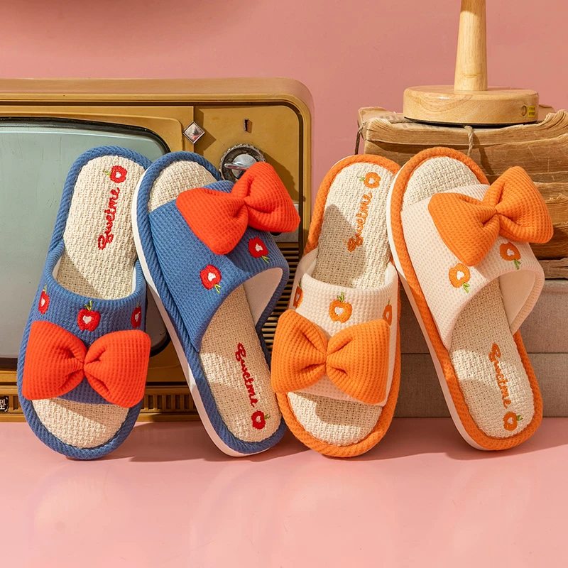 高档亚麻拖鞋女士可爱蝴蝶结居家室内透气防滑软底厚底棉麻拖鞋男
